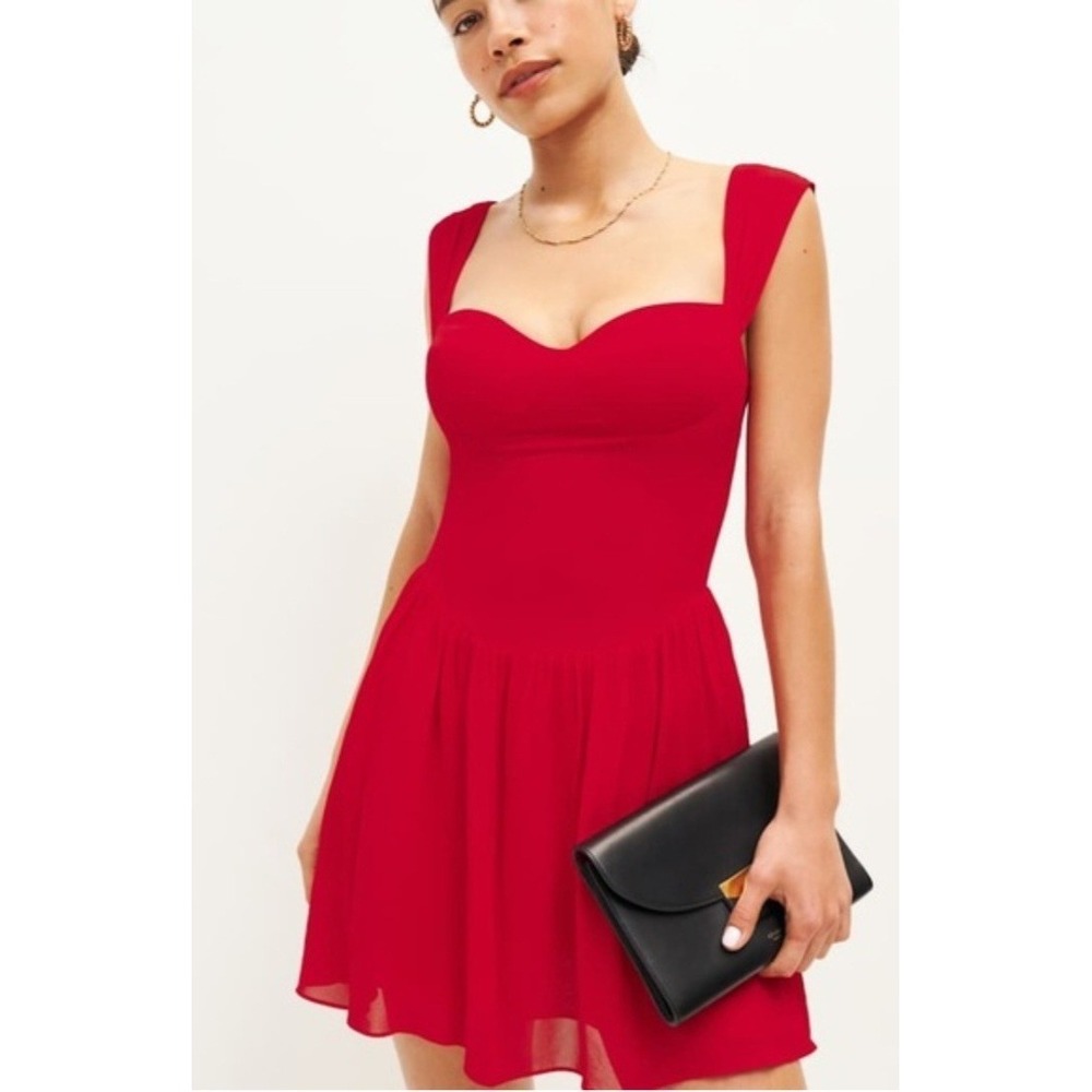 Reformation Taiga Red Mini Fit N Flare A-Line Retro-Style Dress 10 Smocked